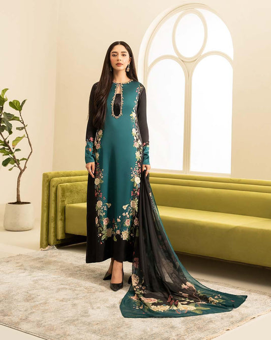 Lulusar Green Black Silk Embroidery Dress Hand Work 3pc
