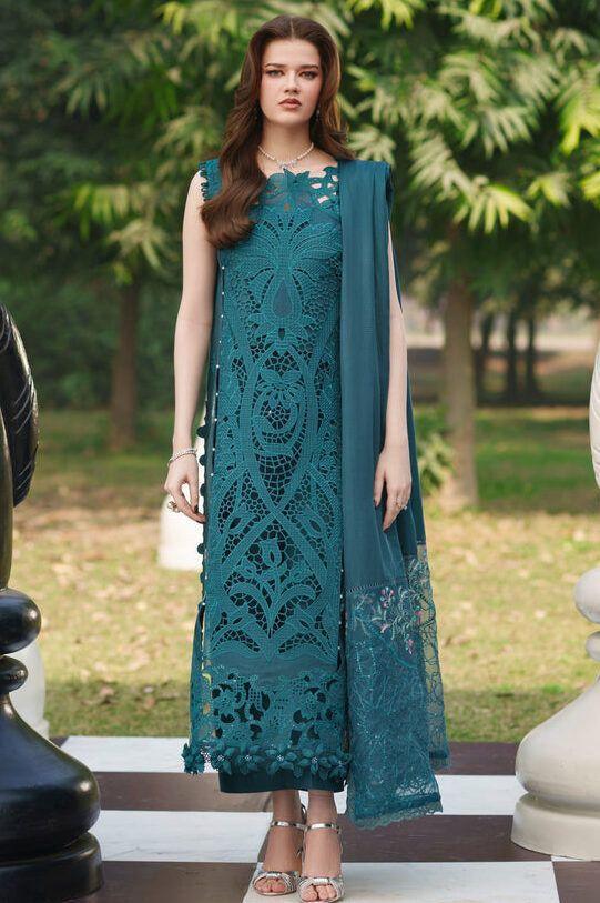 Teal lace embroidered kurta with matching dupatta, styled for elegant occasions