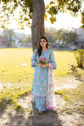 Aneela's Printed Lawn Collection Sky Blue 3 Piece Unstitched Suit with Pink Floral Printed Dupatta by MF COLLECTIONN