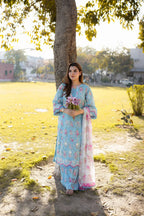 Aneela's Printed Lawn Collection Sky Blue 3 Piece Unstitched Suit with Pink Floral Printed Dupatta by MF COLLECTIONN