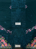 Dark teal embroidered dress with pink floral details and lace panel, labeled front and daman