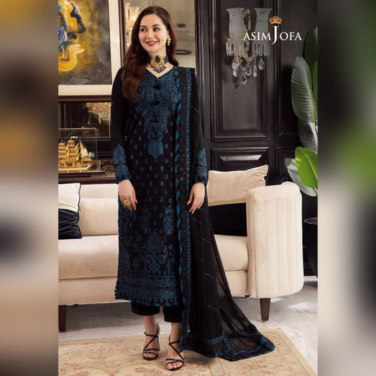 A.J Navy Blue Chiffon Fabric Formal Collection 3pc Unstitched Dress