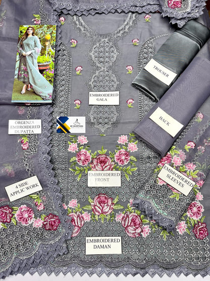 Aneelas Gray organza Embroidery Formal Collection 3piece Unstitched