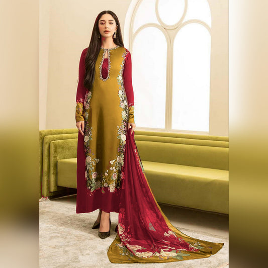 Lulusar Maroon & Gold Silk Embroidery Hand Work 3pc