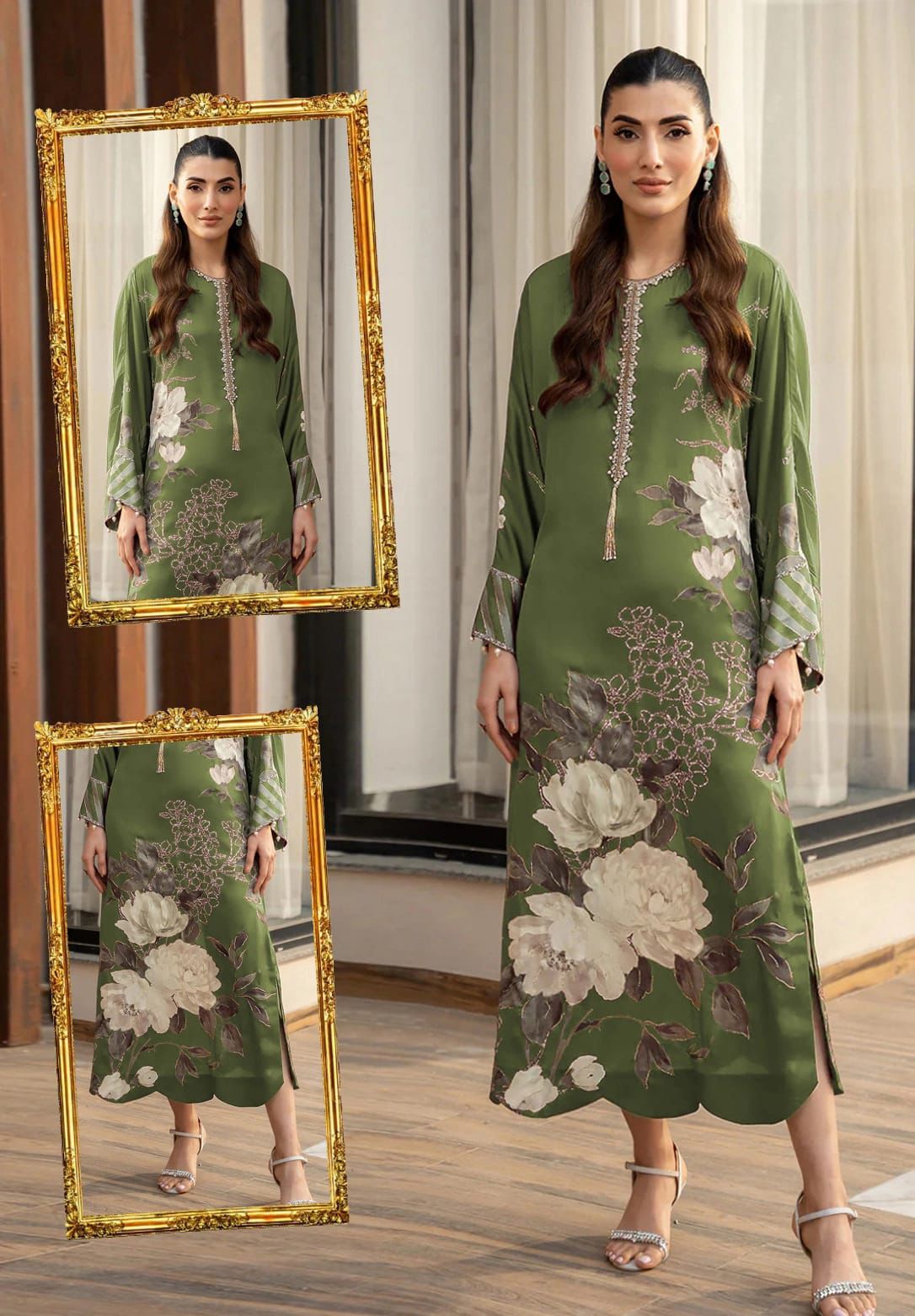 Lulusar Green Silk Digital Print Hand Work Neck Line 3pc Unstitched