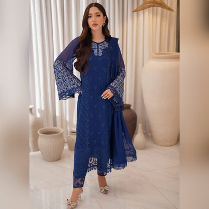 Azure Blue Chiffon Embtoidery Formal Collection 3Piece Unstitched
