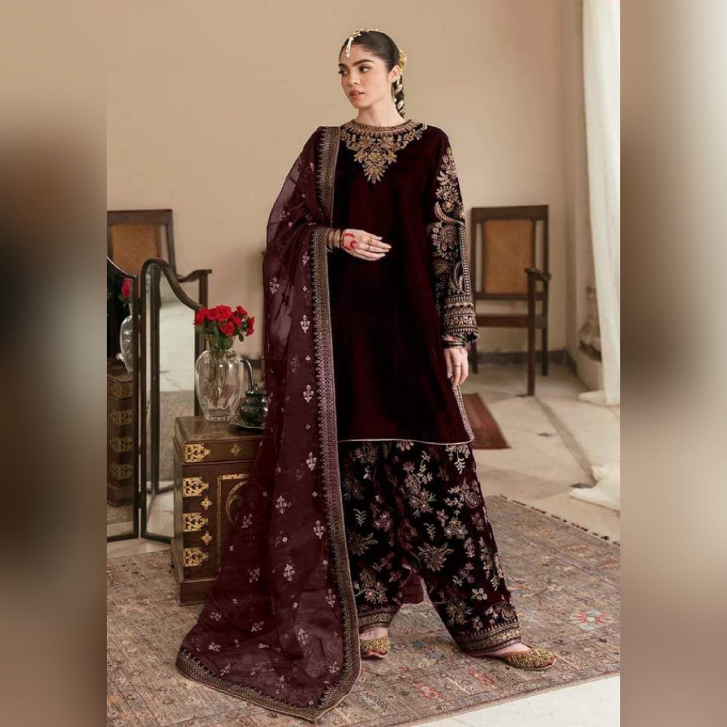 Baroque Maroon Formal Embroidered Chiffon Dres 3piece Unstitched