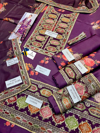 Aneelas Silk Digital Purple Multi Embroidery 3piece Unstitched