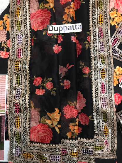 Aneelas Silk Digital Black Multi Embroidery 3piece Unstitched