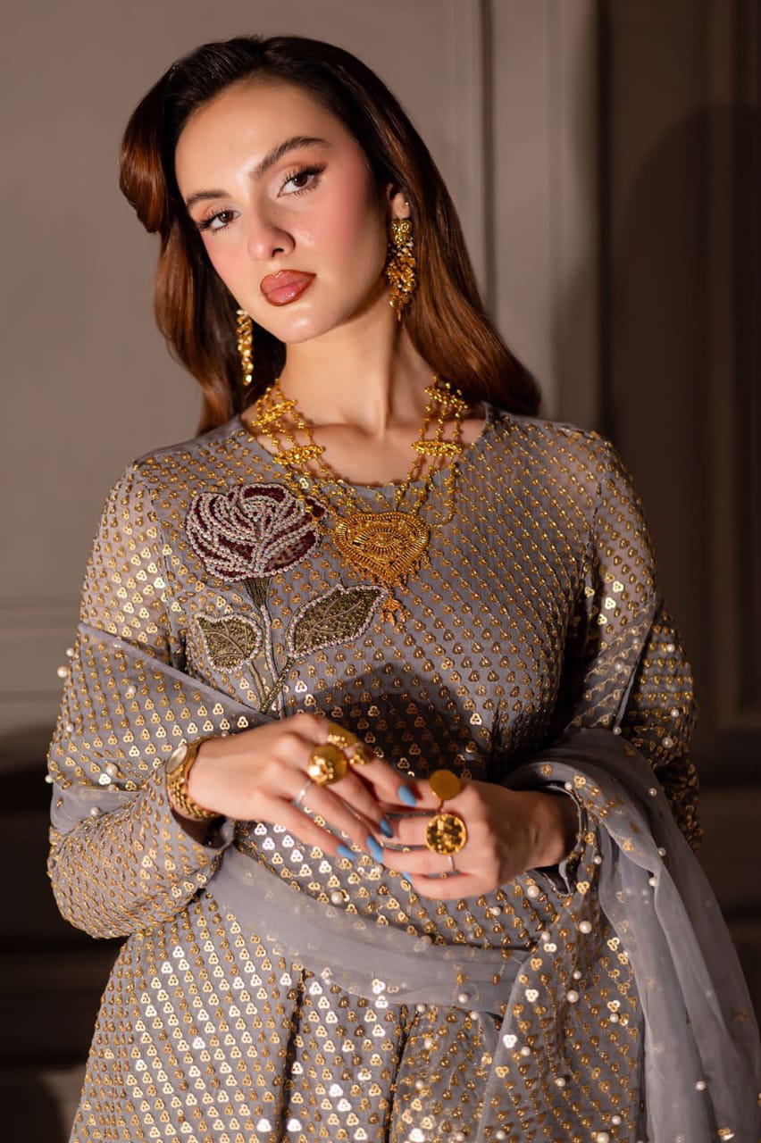 Nureh Grey Formal Collection Luxury Chiffon Embroidery 3piece Unstitched
