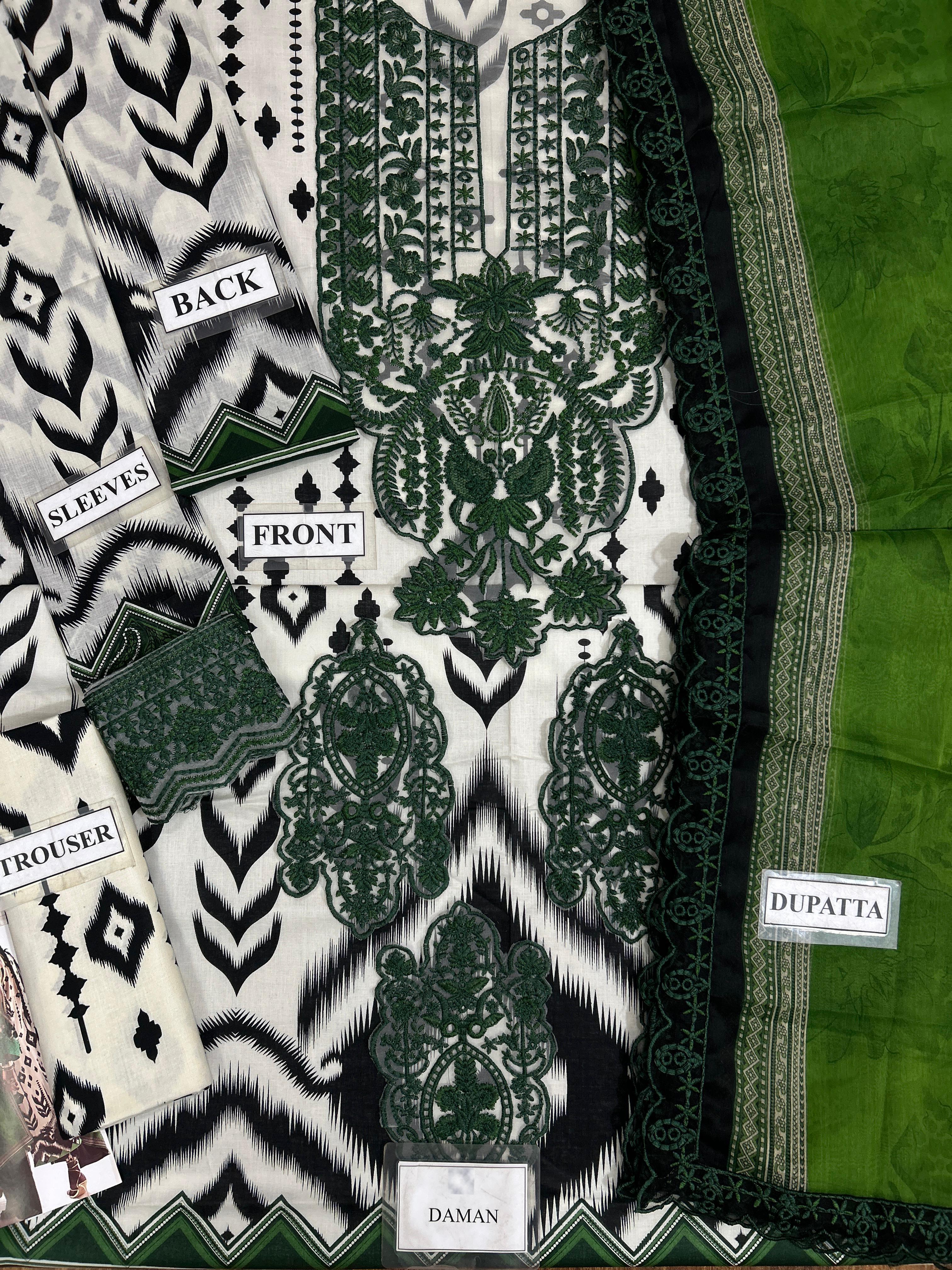 Green and black embroidered lawn suit with ikat print, front, back, sleeves, dupatta, and daman details