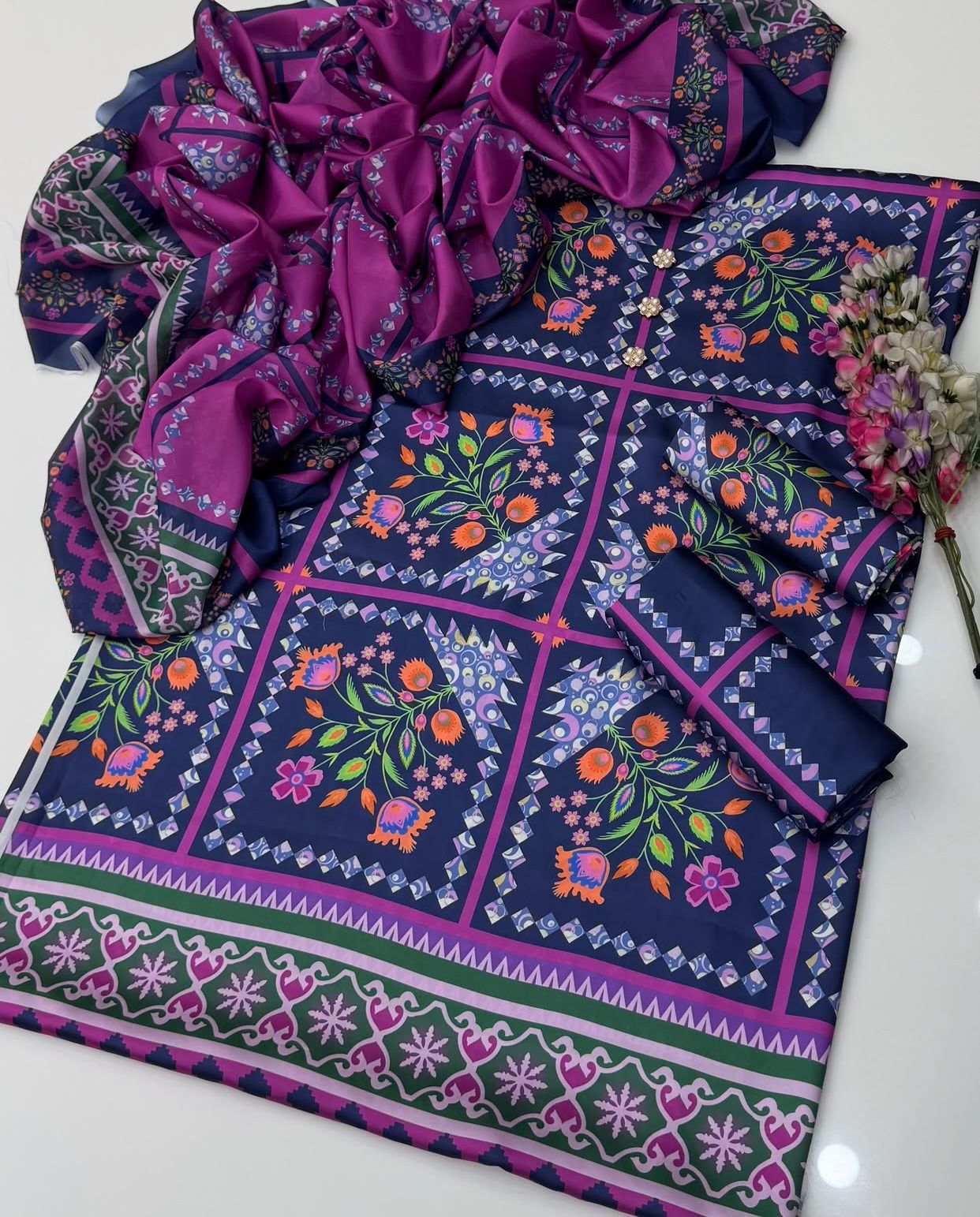 Jazmin Purple Silk Digital Print 3piece Unstitched