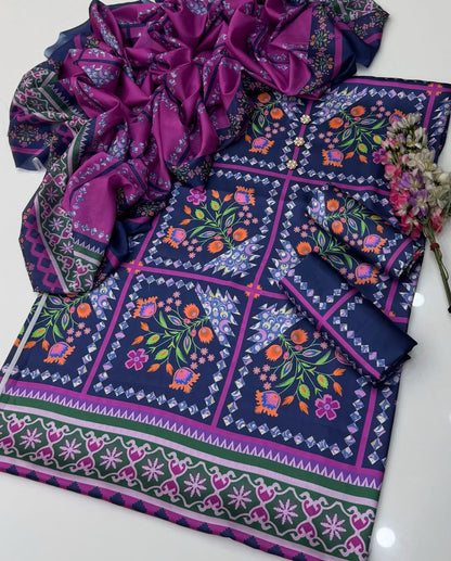 Jazmin Purple Silk Digital Print 3piece Unstitched