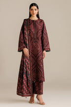 Maroon embroidered kurta with geometric print, wide sleeves, and matching palazzo pants for women