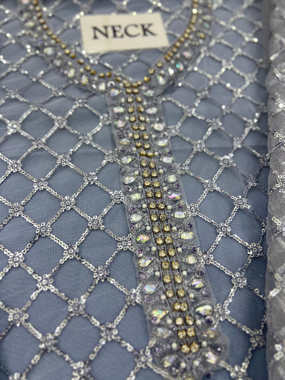 Lulusar Gray Soft Net Embroidery Luxury Collection 3piece Unstitched