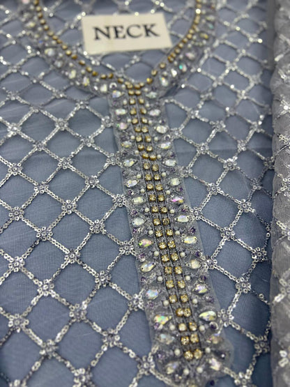 Lulusar Gray Soft Net Embroidery Luxury Collection 3piece Unstitched