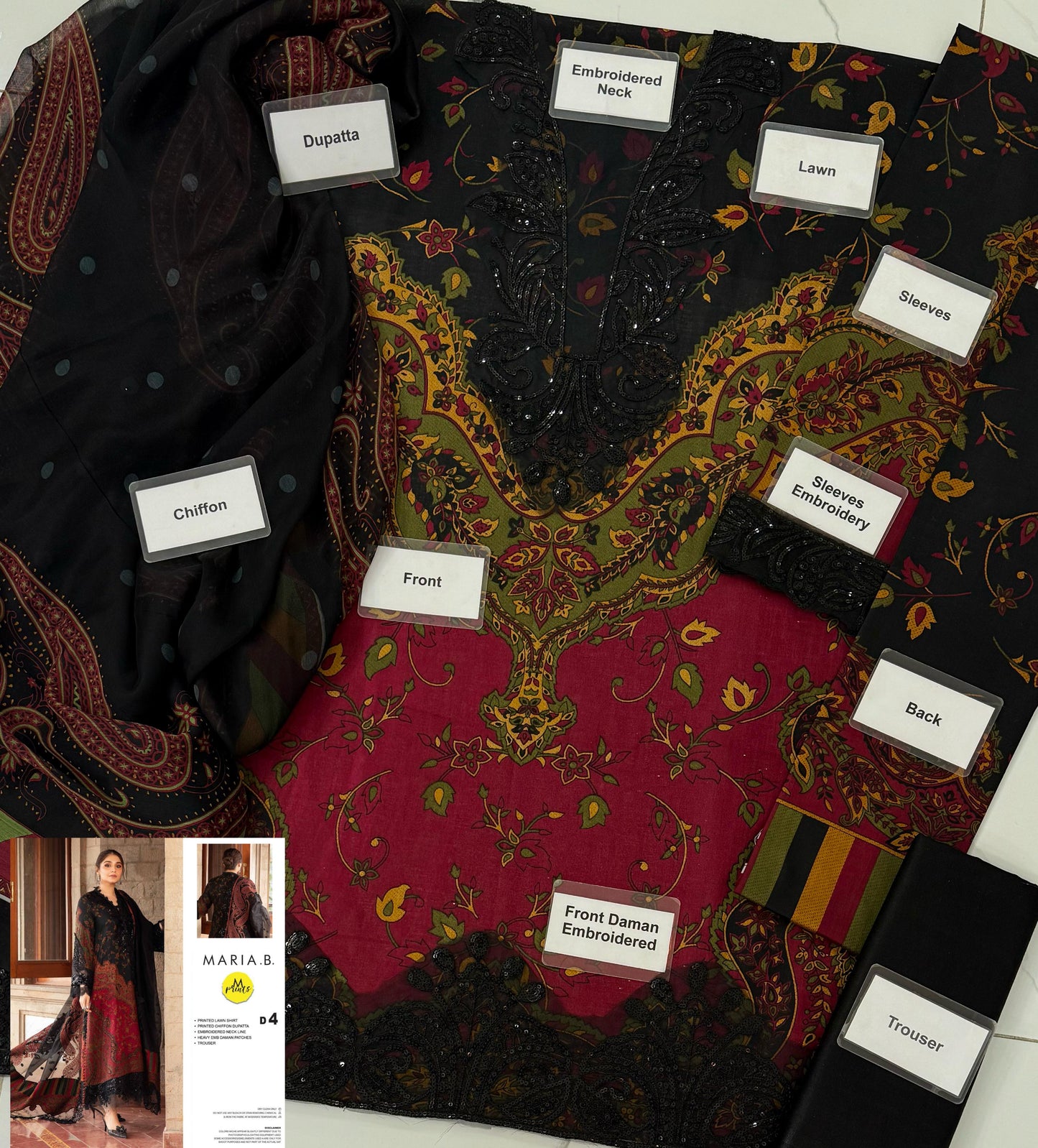 M.B Black & Rust New Arrival Printed Embroidery 3pc Unstitched Dress