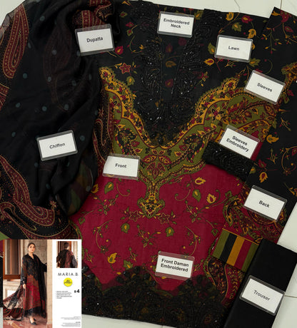 M.B Black & Rust New Arrival Printed Embroidery 3pc Unstitched Dress
