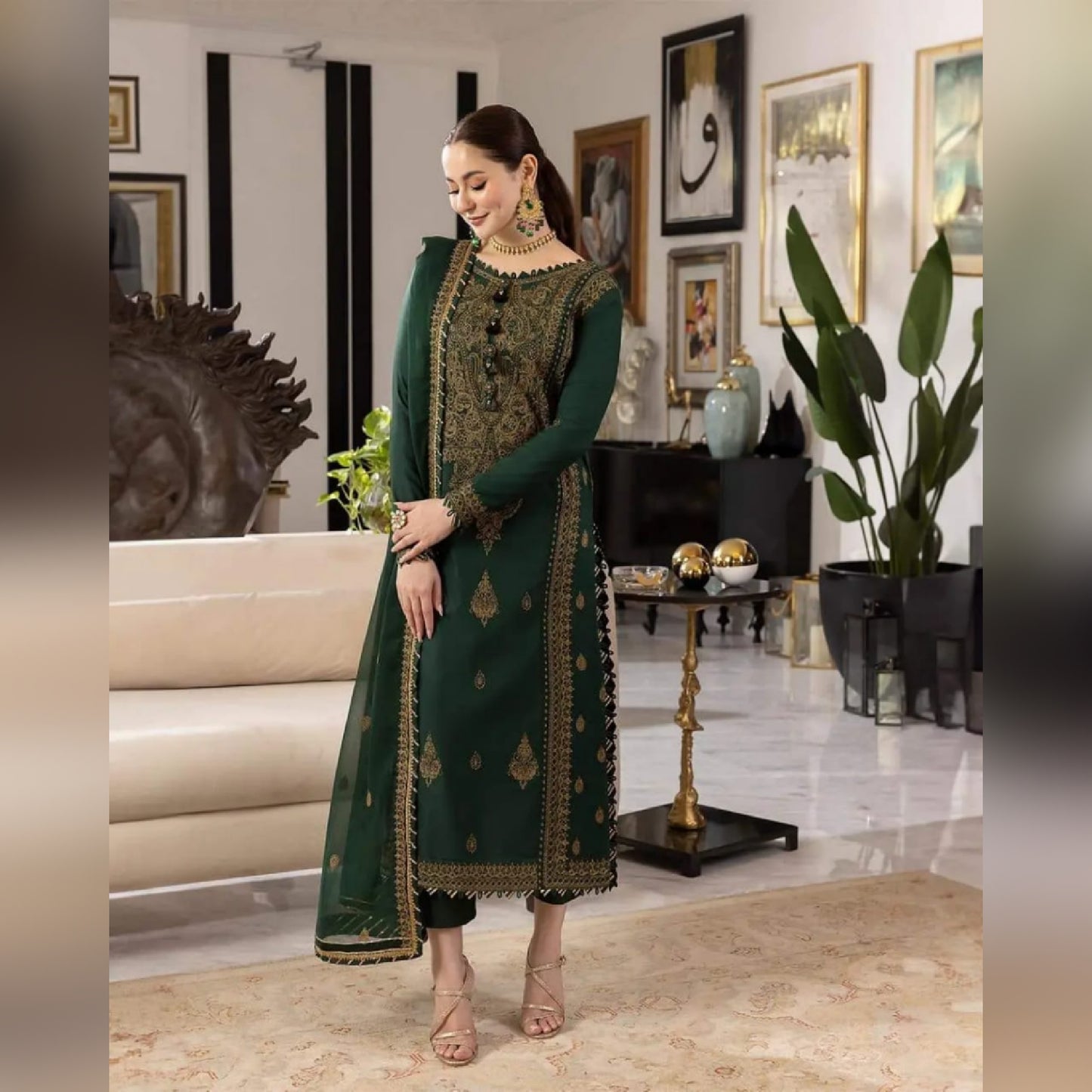 Asim Jofa Bottle Green Chiffon Formal Collection Embroidery Dress 3pc