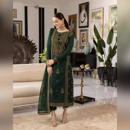 Asim Jofa Bottle Green Chiffon Formal Collection Embroidery Dress 3pc
