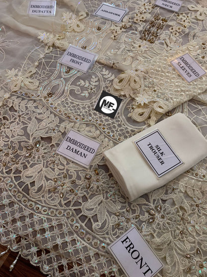 M.B Embroidered Off White Luxury Chiffon Dress 3piece Unstitched