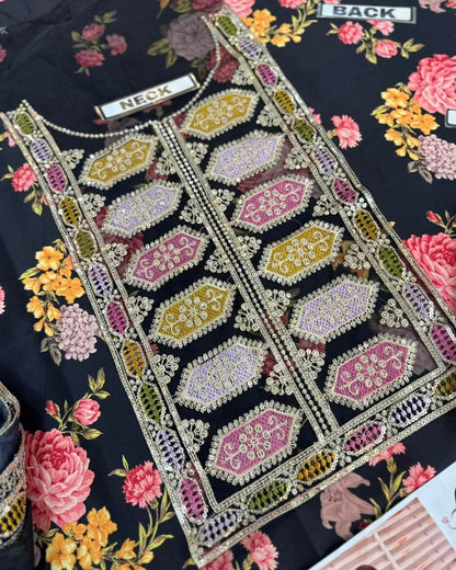 Aneelas Silk Digital Black Multi Embroidery 3piece Unstitched