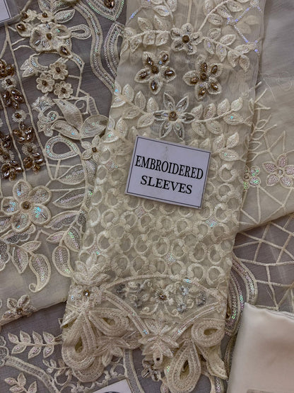 M.B Embroidered Off White Luxury Chiffon Dress 3piece Unstitched