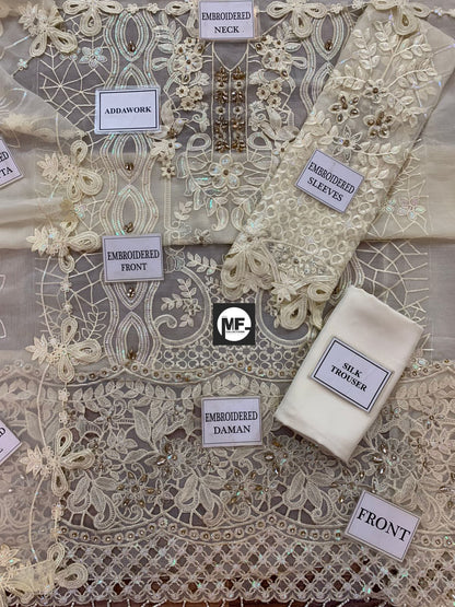 M.B Embroidered Off White Luxury Chiffon Dress 3piece Unstitched