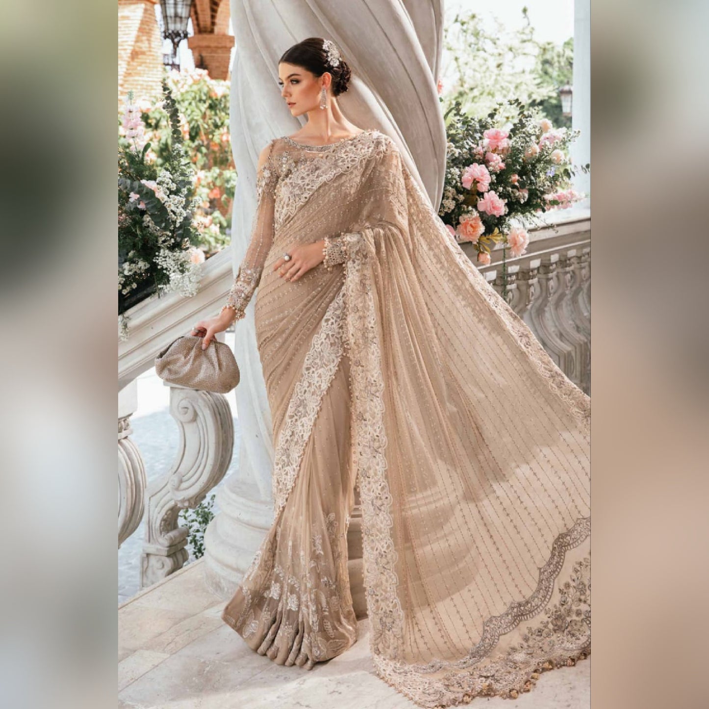 Maria b Skin Wedding Collection Saree Soft Net Fabric Unstiched