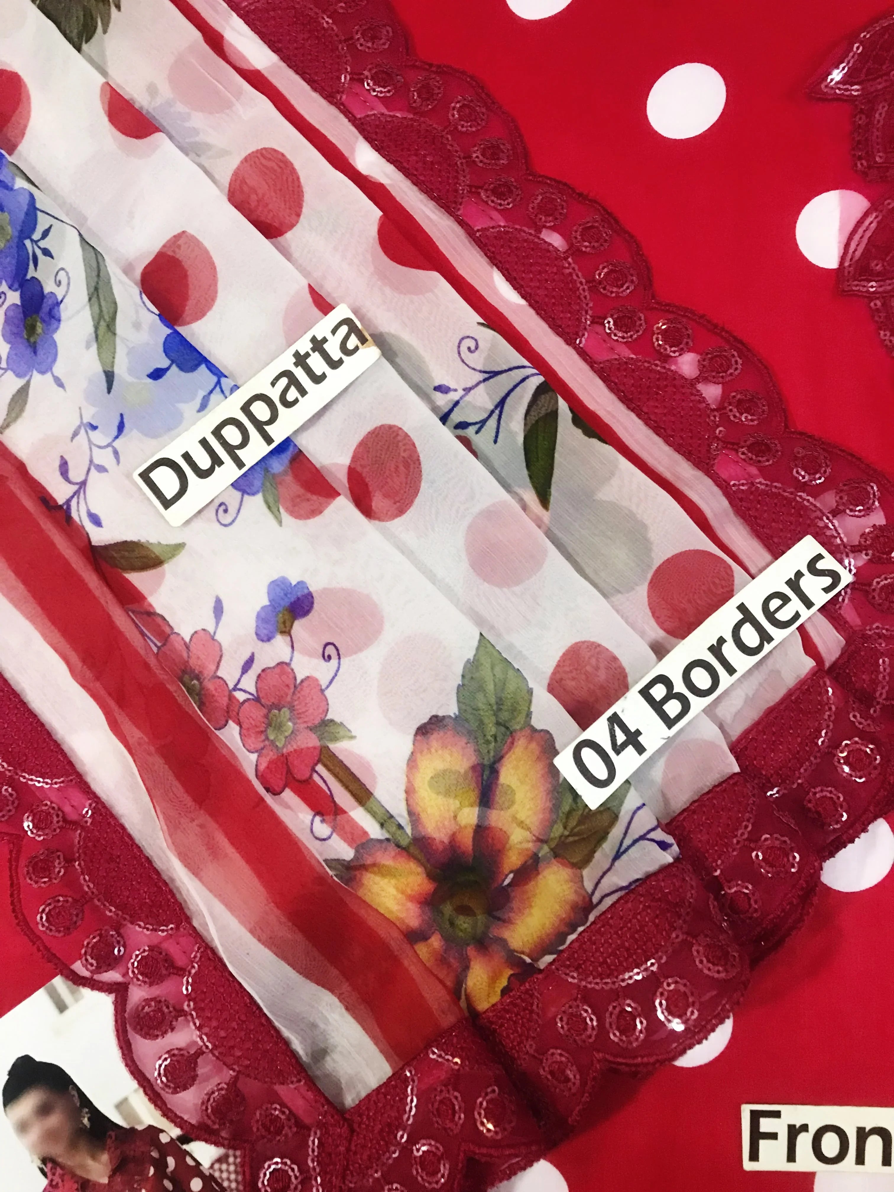 Floral dupatta with red polka dots and 04 borders, featuring vibrant flowers and lace detailing