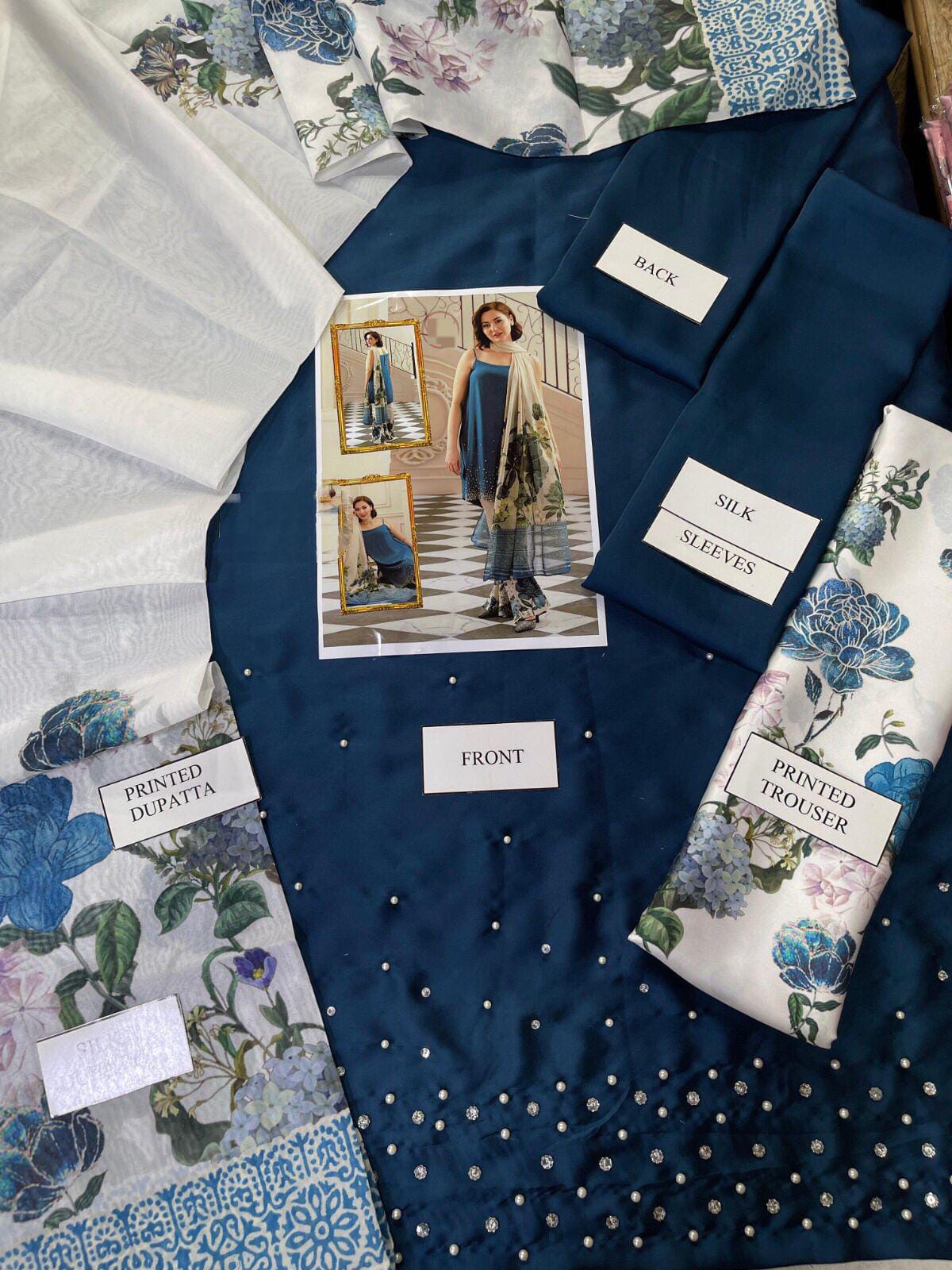 Lulusar Silk Blue Hand Work Party Wear Collection 3pc Unstitched
