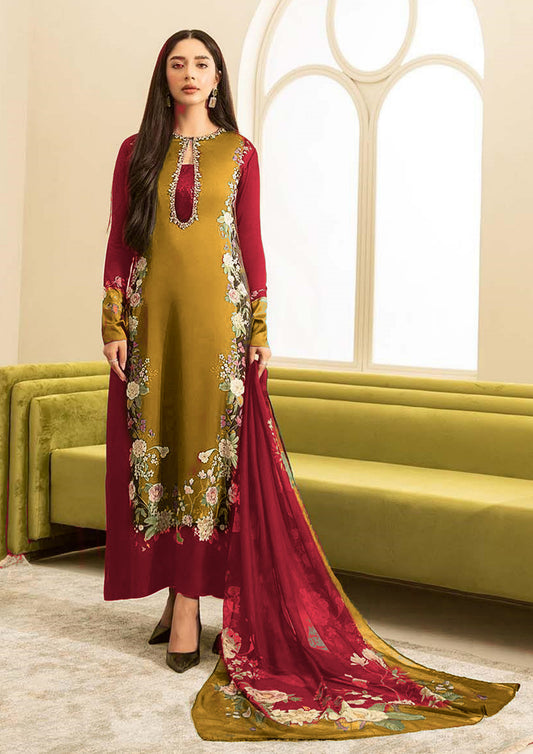 Lulusar Maroon & Gold Silk Embroidery Hand Work 3pc