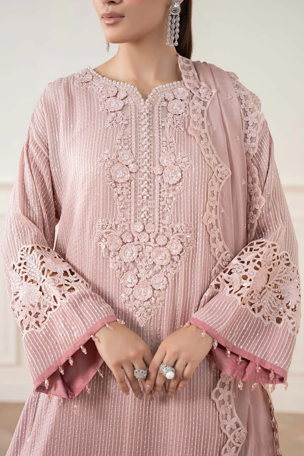 M.B Embroidered Pink Luxury Chiffon Dress 3piece Unstitched