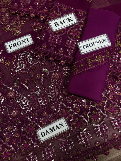 A.J Chiffon Maroon Embroidery 3Piece Unstitched