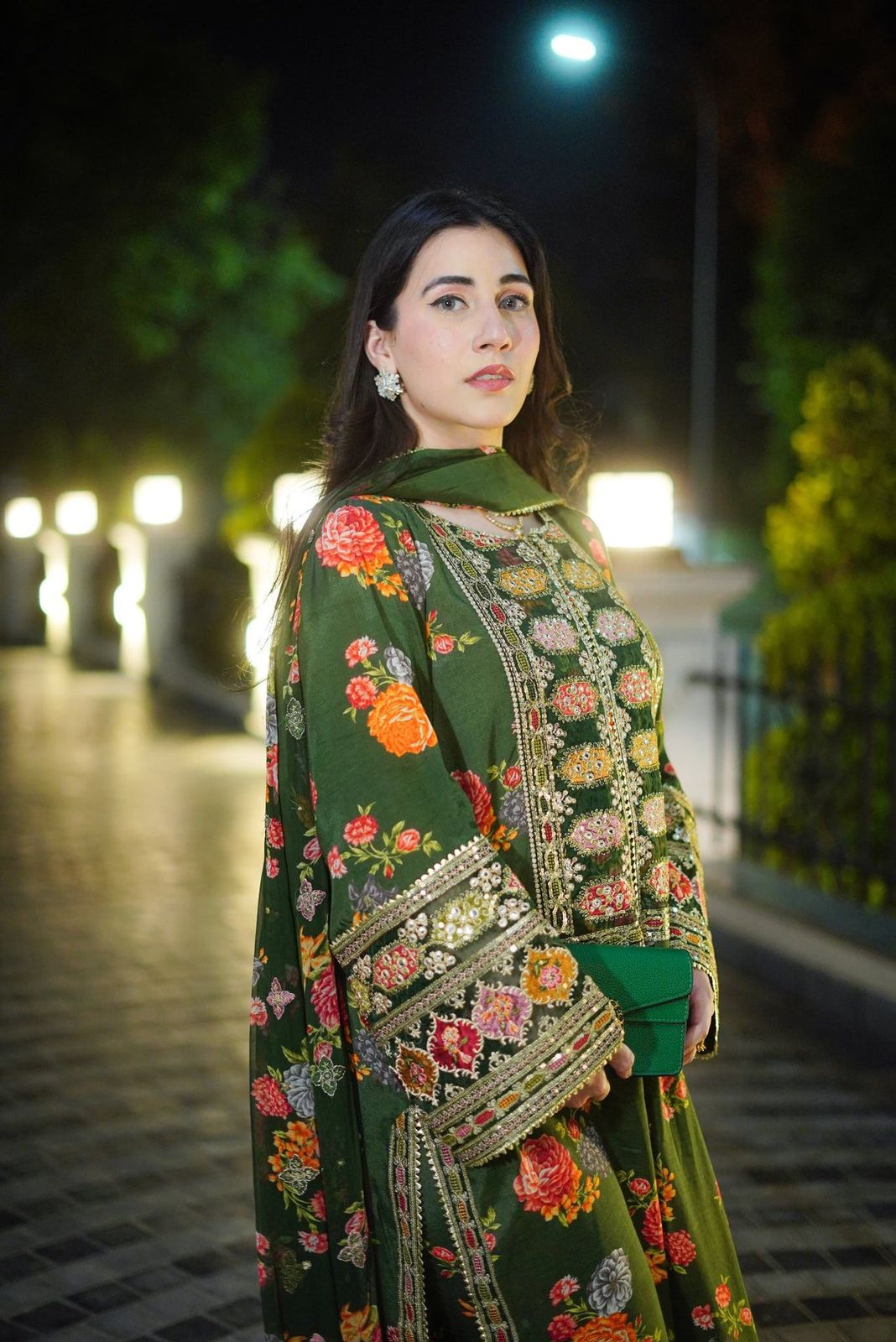 Aneelas Silk Digital Green Multi Embroidery 3piece Unstitched