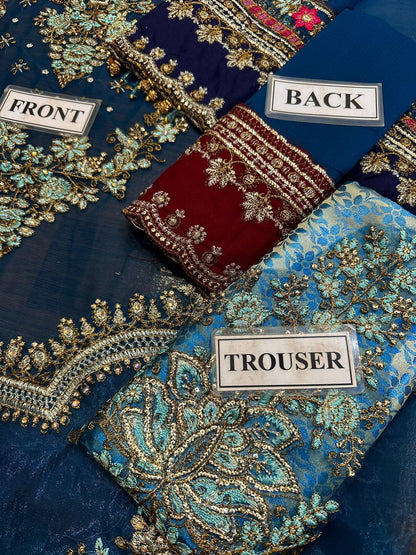 M.B Blue Formal Collection Chiffon Dress 3pc Unstitched