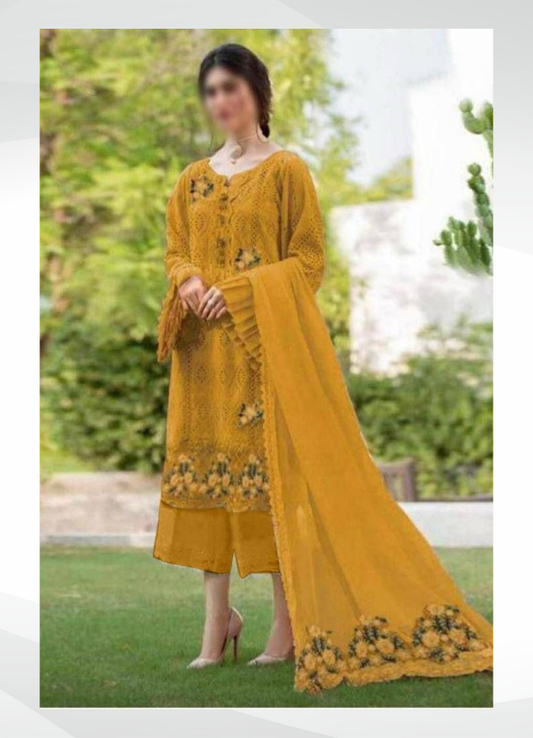 zarqash Cotton Lawn Embroidery dress chikankari Mustard 3pc Unstiched