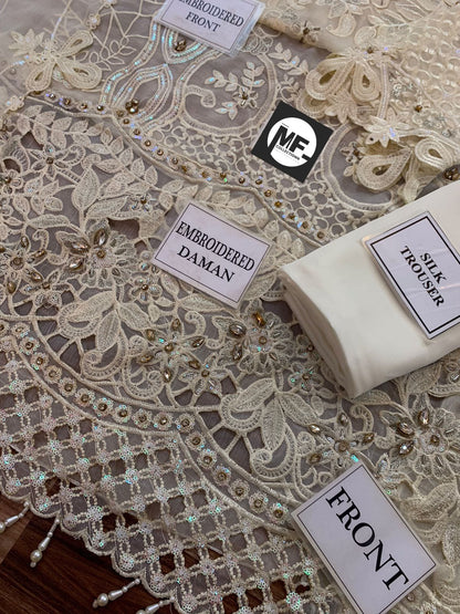 M.B Embroidered Off White Luxury Chiffon Dress 3piece Unstitched