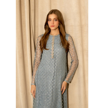 Lulusar Gray Soft Net Embroidery Luxury Collection 3piece Unstitched