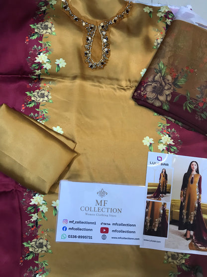 Lulusar Maroon & Gold Silk Embroidery Hand Work 3pc