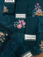 Dark green embroidered dress set with floral sleeves, back, and trouser pieces, lace detailing