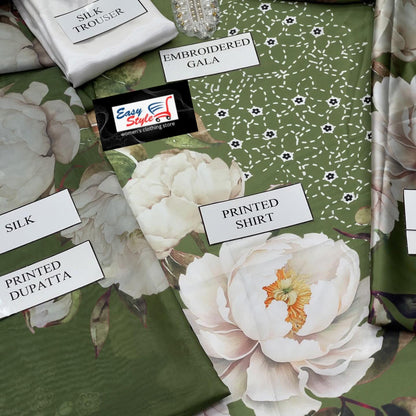 Lulusar Green Silk Digital Print Hand Work Neck Line 3pc Unstitched