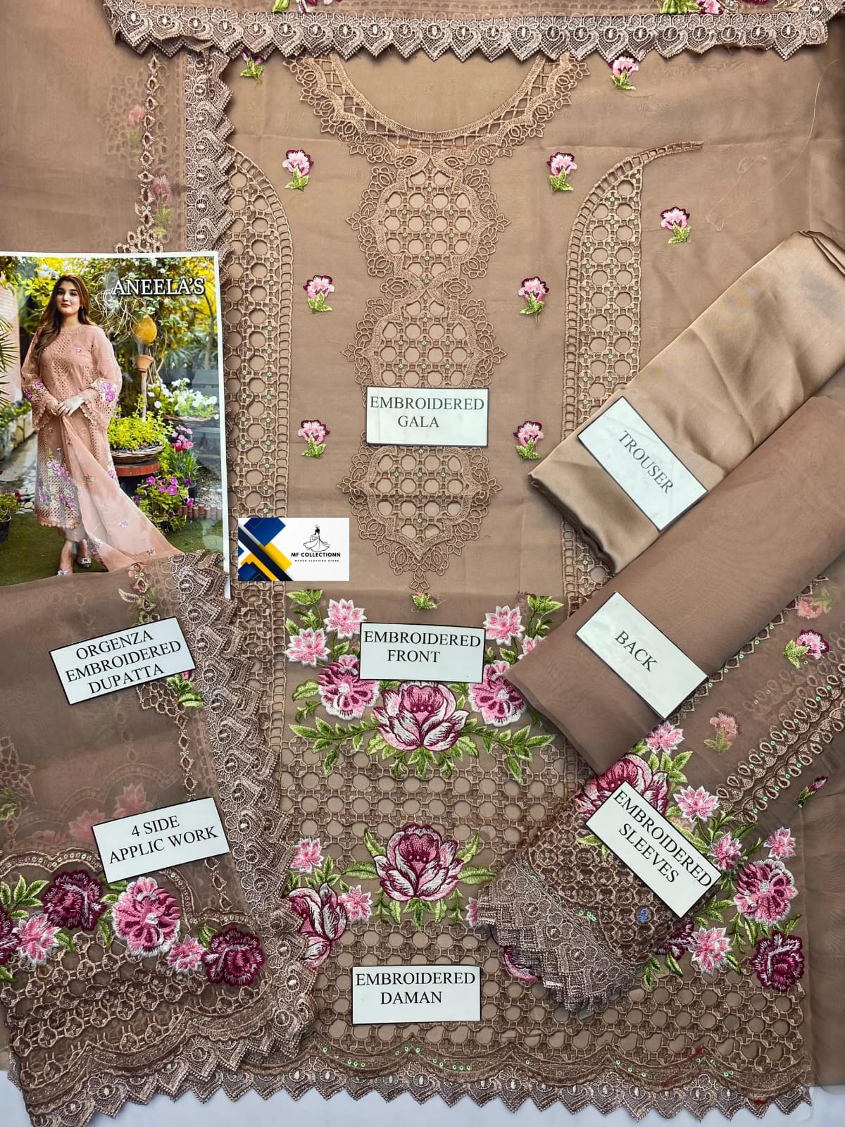 Aneelas T Pink organza Embroidery Formal Collection 3piece Unstitched