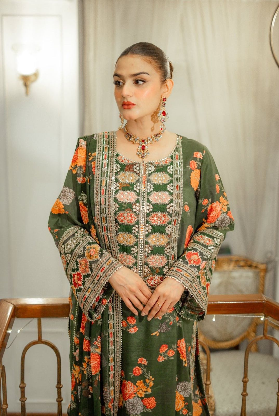 Aneelas Silk Digital Green Multi Embroidery 3piece Unstitched