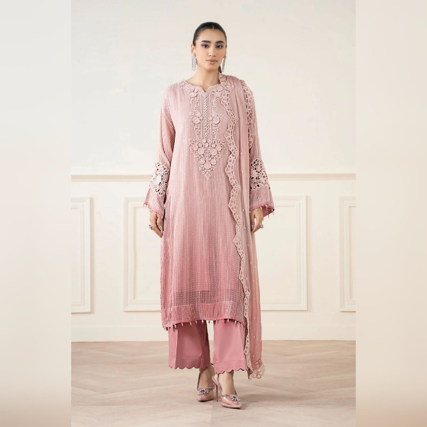 M.B Embroidered Pink Luxury Chiffon Dress 3piece Unstitched