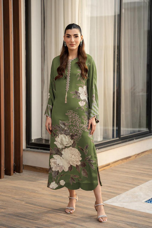 Lulusar Green Silk Digital Print Hand Work Neck Line 3pc Unstitched
