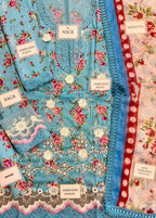 Blue floral embroidered suit with lace details, dupatta, and labeled sections for neck, sleeves, front, and daman