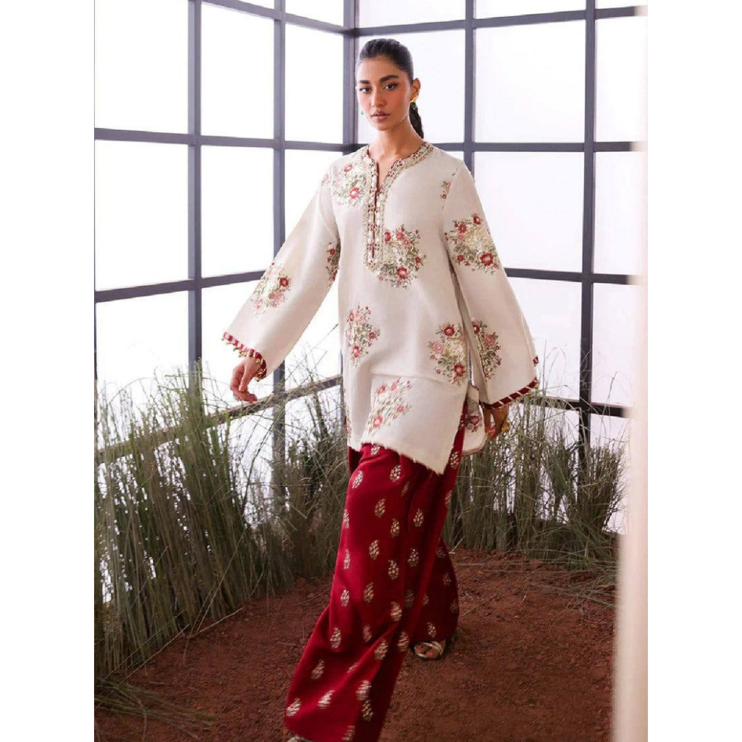Ethnic Raw Silk off White Embroidery Formal Collection 3piece Unstitched