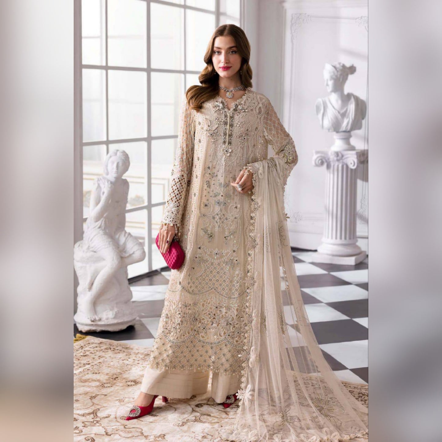 M.B Embroidered Off White Luxury Chiffon Dress 3piece Unstitched