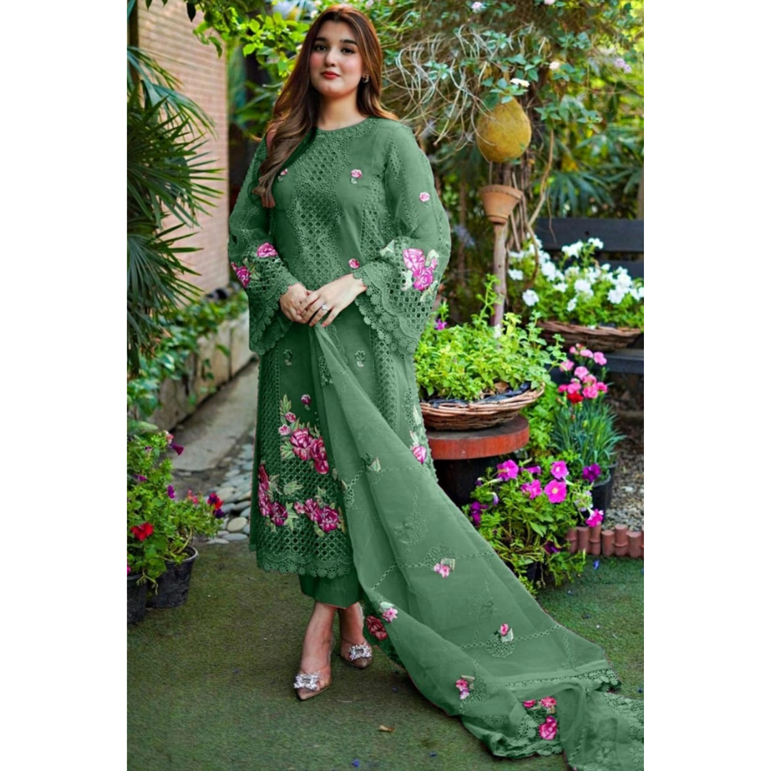 Aneelas Green organza Embroidery Formal Collection 3piece Unstitched